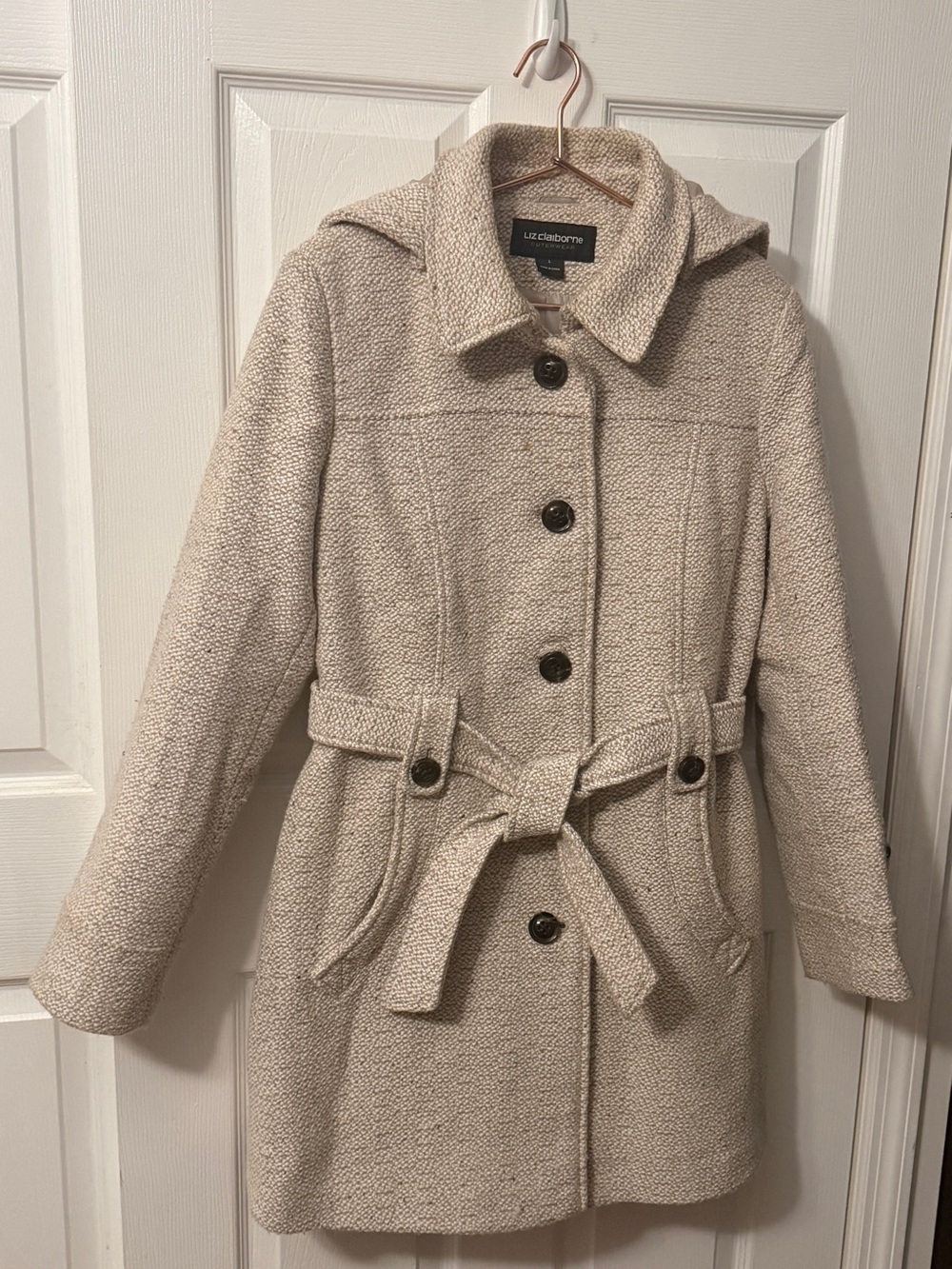 Liz Claiborne cream tweed hooded mid-length belted coat